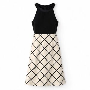 Ann Taylor 100% Silk Dress Size 2 Black Cream Geometric Fit & Flare